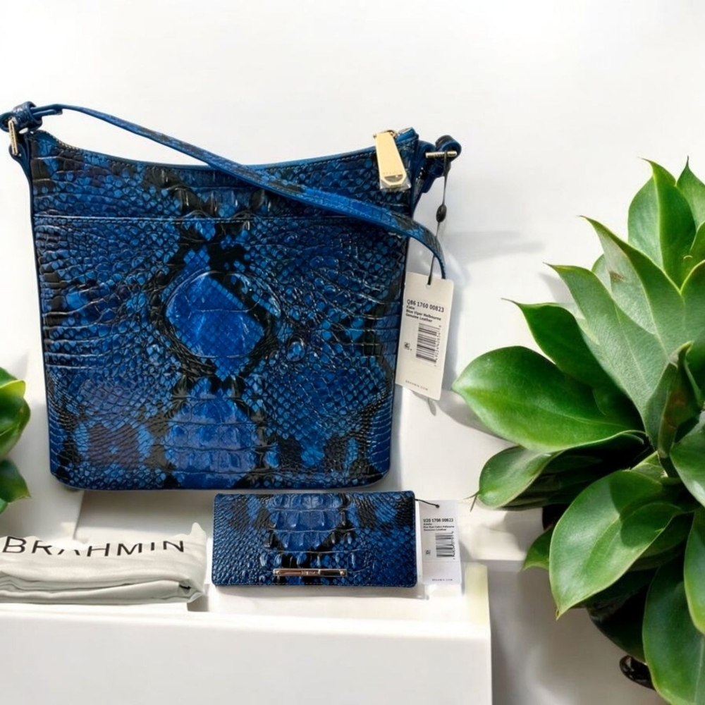 💙▪️Brahmin ▪️katie Blue Viper Melbourne Leather Bag + Matching Adelle Wallet